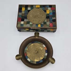 Vintage Aztec Calendar Mosaic Cigarette Box & Ashtray Set‎